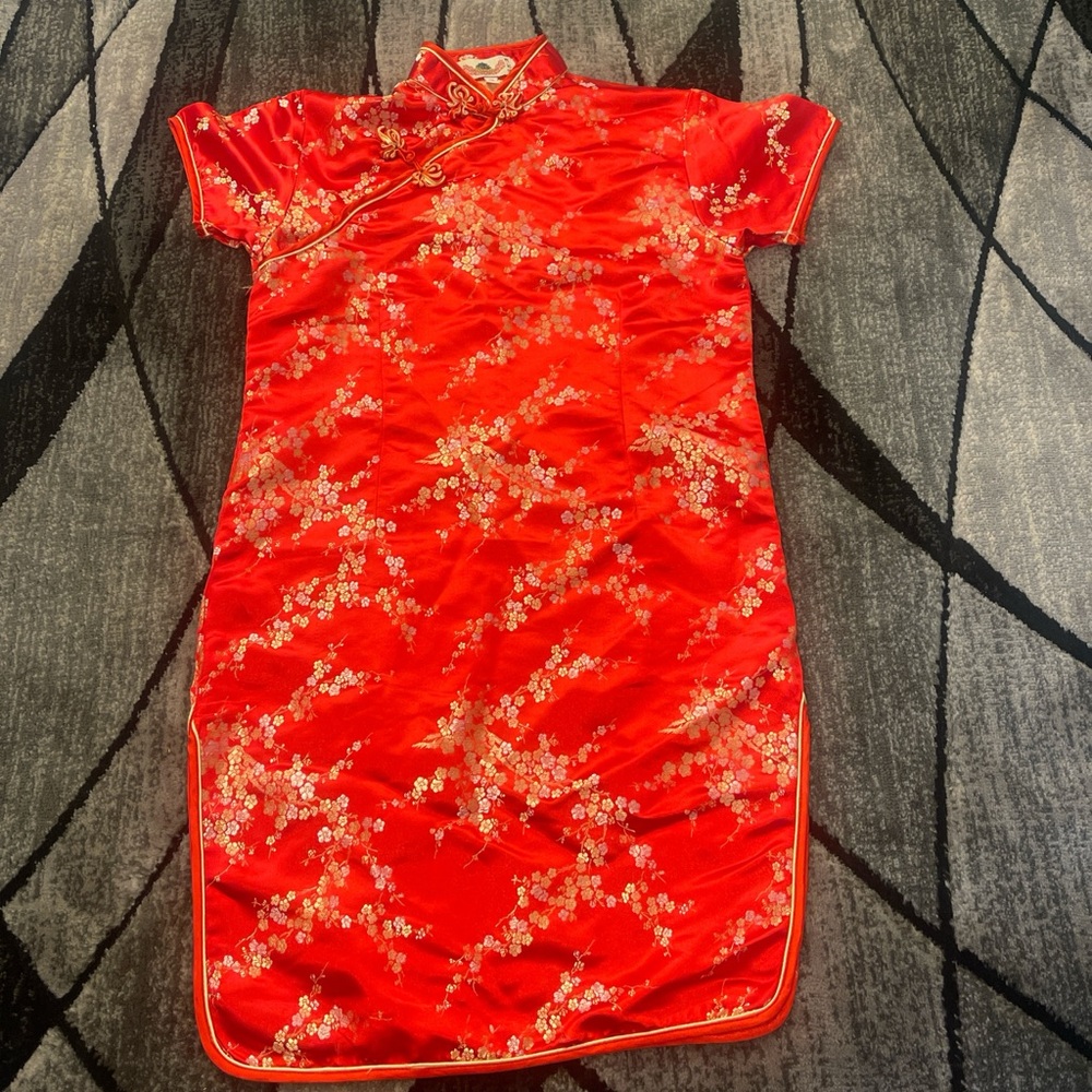 Womens Red Floral Satin Cheongsam Dress